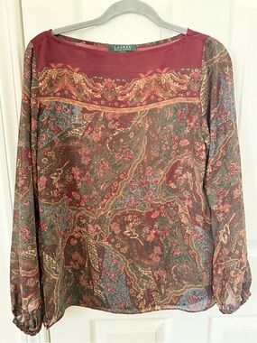 Lauren Ralph Lauren Sheer Paisley Boho Top Size M